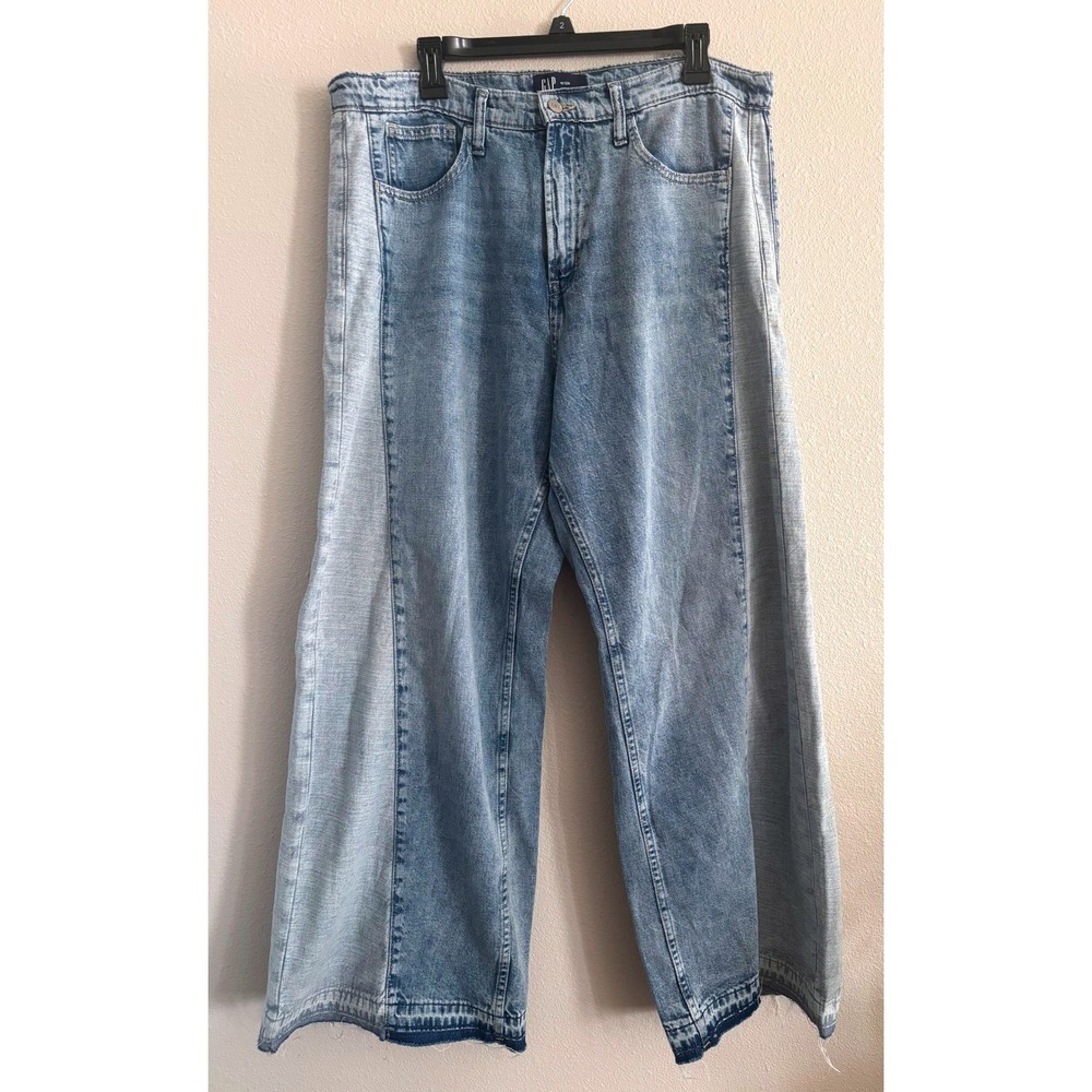 Gap High Rise Wide Leg Jeans Womens 16/33R Two Tone Wash Raw Hem Relaxed Fit